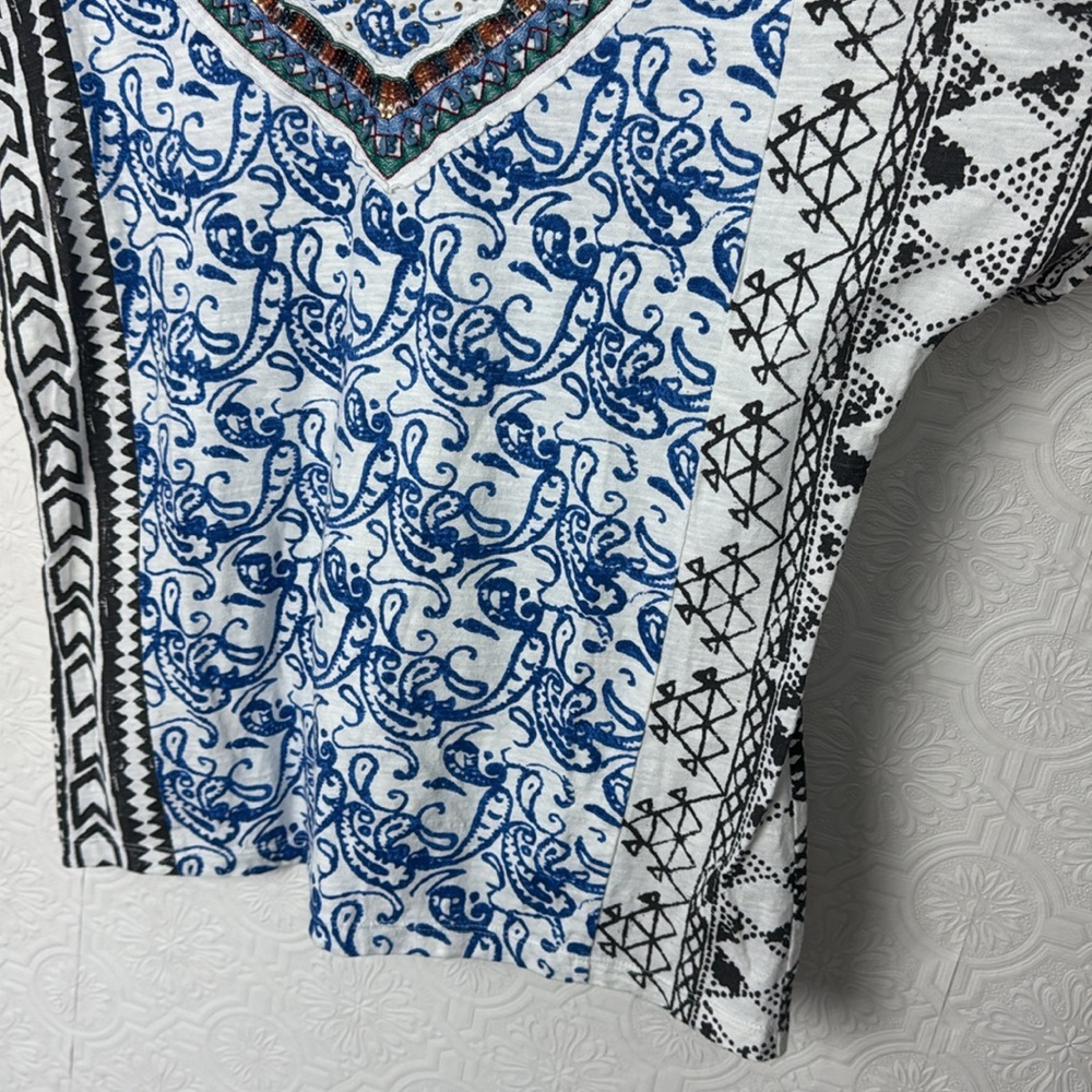 Chico’s Beaded Boho Embroidered V-Neck Top – Size 2 Large Blue White Beads - Picture 3 of 6